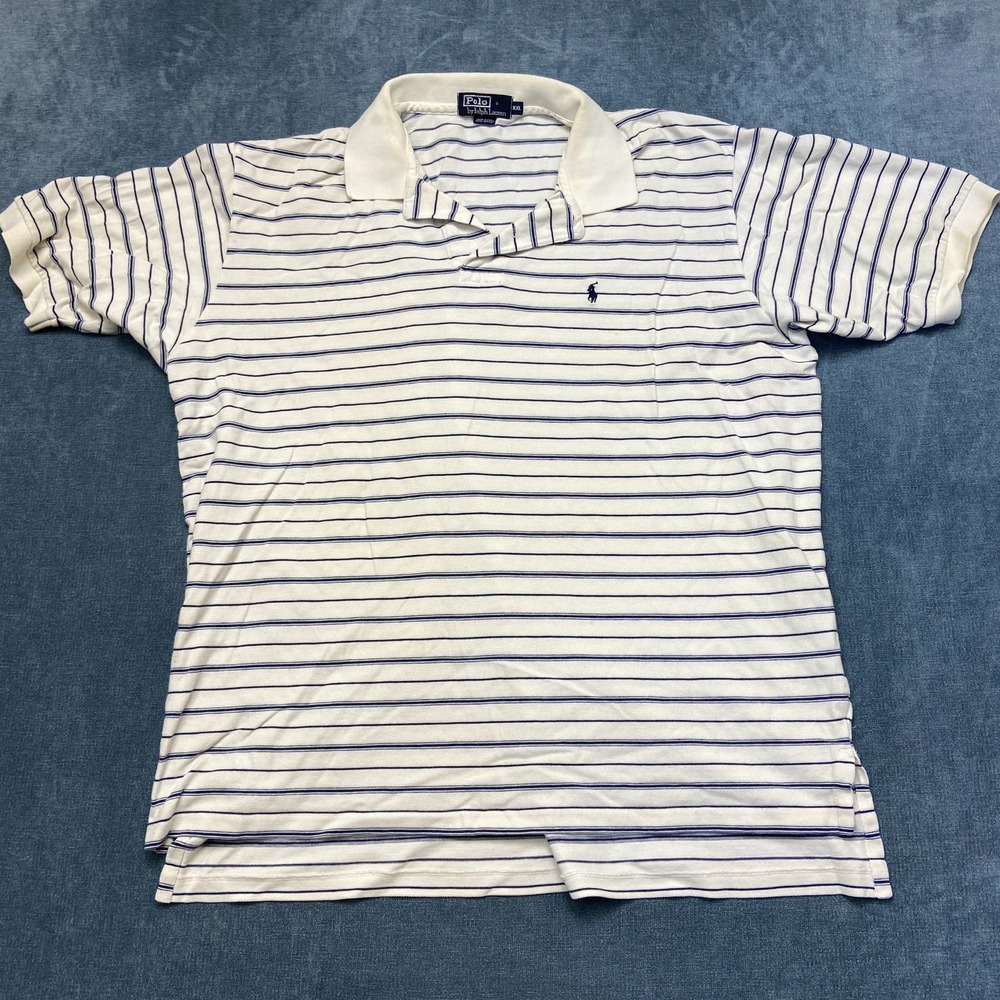 Polo Ralph Lauren Polo Shirt Mens 2XL White Blue Striped Cotton High Low Hem